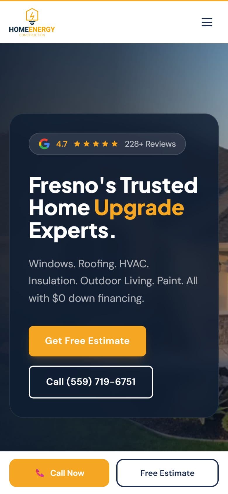 Home Energy Construction mobile homepage