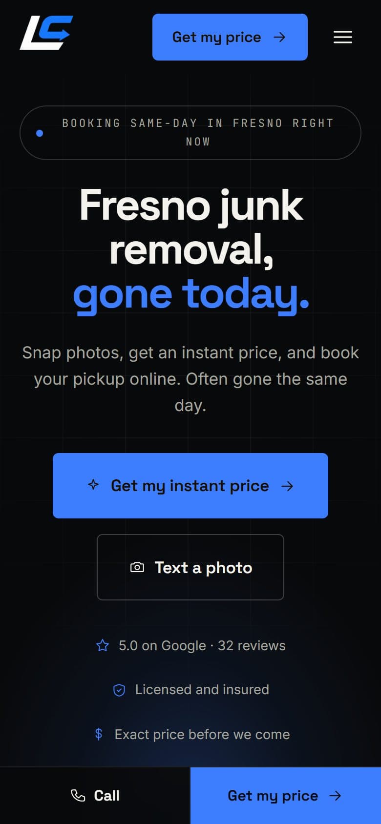 Last Call Junk Removal mobile homepage