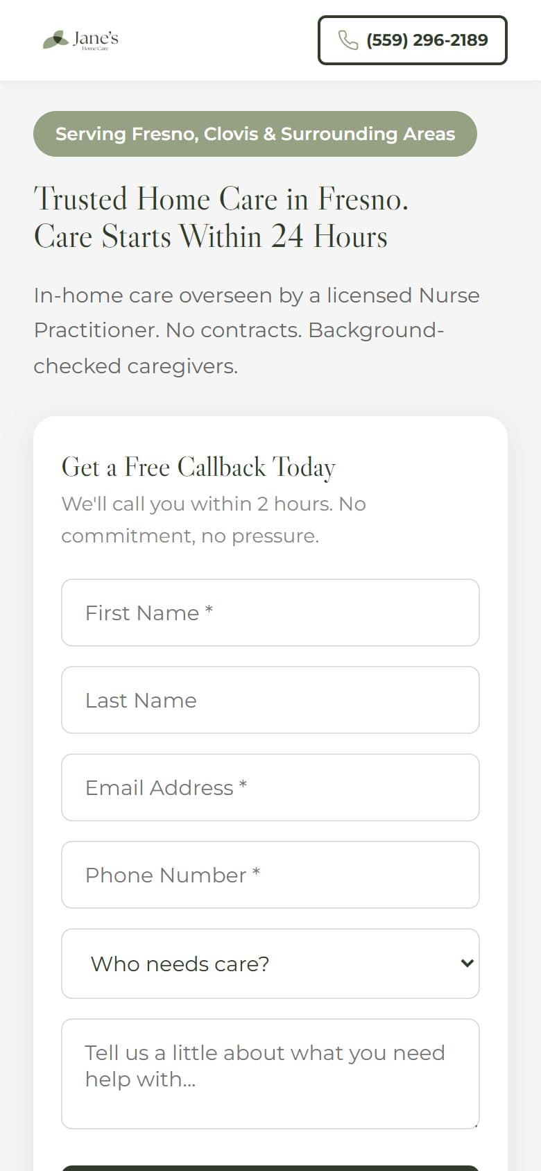 Jane's Home Care mobile ads landing page
