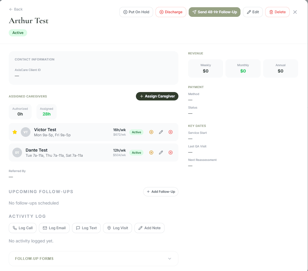 Client detail view with care plan, schedule, and history